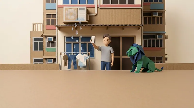 Cardboard-craft illustration: a man in a grey shirt on his balcony holds up a smartphone with a completely blank screen to photograph the upstairs air-con unit dripping water onto his damaged drying laundry, a green origami paper lion with navy-blue interior folds seated beside him watching the same spot.