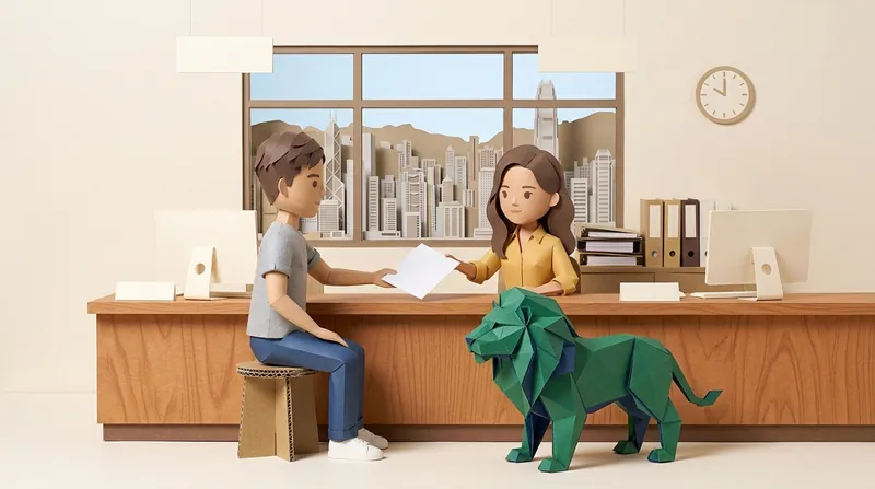 Cardboard-craft illustration: a man in a grey shirt sits at a Small Claims Tribunal registration counter handing a blank paper document to a clerk in a yellow blouse, a green origami paper lion with navy-blue interior folds standing on the wooden counter beside him, a Hong Kong city skyline visible through the window.