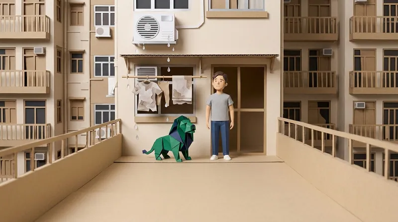 Cardboard-craft illustration: a man in a grey shirt stands on his own balcony looking up at a neighbour's air-conditioner unit dripping water onto his damaged drying laundry, a green origami cardboard lion with navy-blue interior folds seated beside him also looking up, a Hong Kong residential skyline in the background.