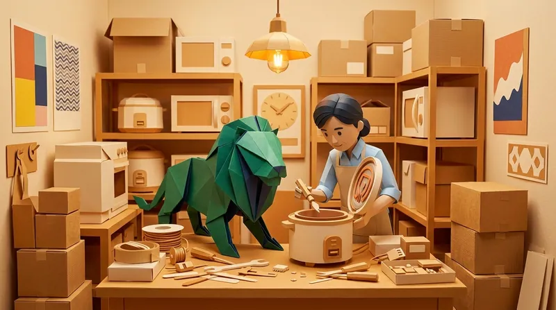 Paper-craft illustration: the apron-wearing merchant character kneels at a workbench cluttered with cardboard microwaves, ovens and tools, repairing an open rice cooker, the EasyDebt origami lion standing beside her, a plain-faced wall clock behind them.
