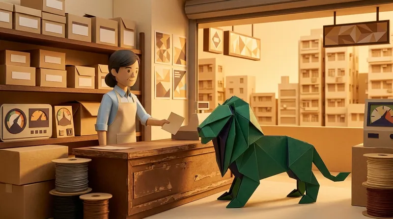 Paper-craft illustration: the apron-wearing merchant character passes a blank cardboard-coloured slip across a wooden counter to the EasyDebt origami lion, shelves of blank-labelled cardboard boxes behind her, a cardboard-style Hong Kong skyline visible through the shop's open roller shutter.