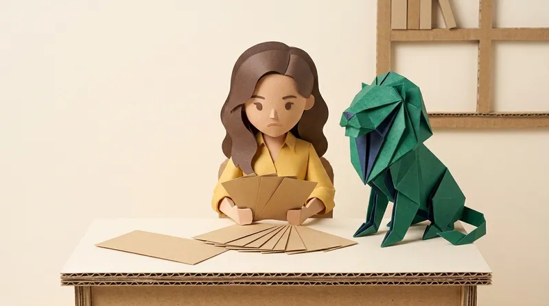 Paper-craft illustration of a woman in a yellow blouse at a home desk holding a stack of blank kraft-paper 'statements', more blank kraft documents spread on the desk, the green paper-craft lion sitting on the desk beside her