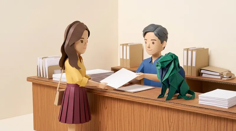 Paper-craft illustration of a woman in a yellow blouse handing a blank form to a staff character in a blue shirt across a registry counter, the green paper-craft lion sitting on the counter, blank folders on a shelf behind