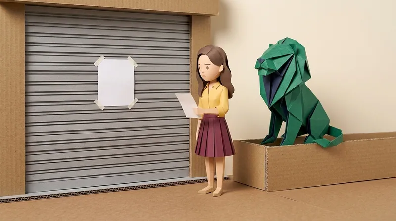Paper-craft illustration of a woman in a yellow blouse standing outside a shuttered beauty salon storefront, holding a blank receipt, a blank closure notice taped to the shutter, the green paper-craft lion sitting beside her on a cardboard box
