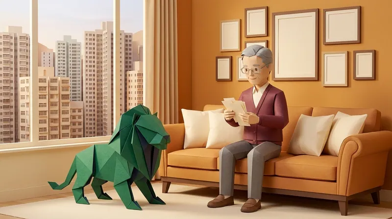 Papercraft illustration: the elderly male lead (char-elder) sits alone on an orange sofa in his living room, six blank picture frames hanging on the wall behind him, a green origami lion with navy inner folds standing on the floor beside him, a Hong Kong high-rise skyline at dusk outside the window.