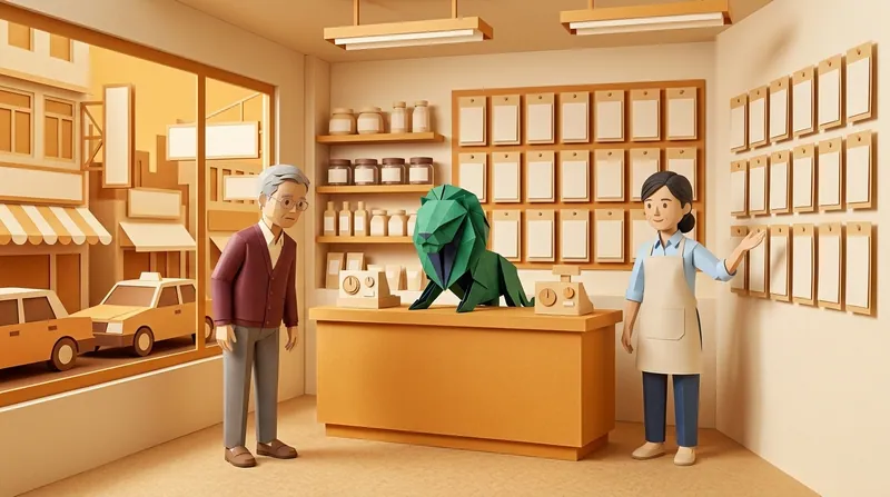 Papercraft illustration: the elderly male lead (char-elder) and a shop-assistant character (char-merchant, apron, tied-back hair) stand in a shop, the assistant pointing at a row of eighteen blank kraft-paper price tiles on the wall, a green origami lion with navy inner folds on the counter between them, a Hong Kong street and a taxi visible through the glass door.