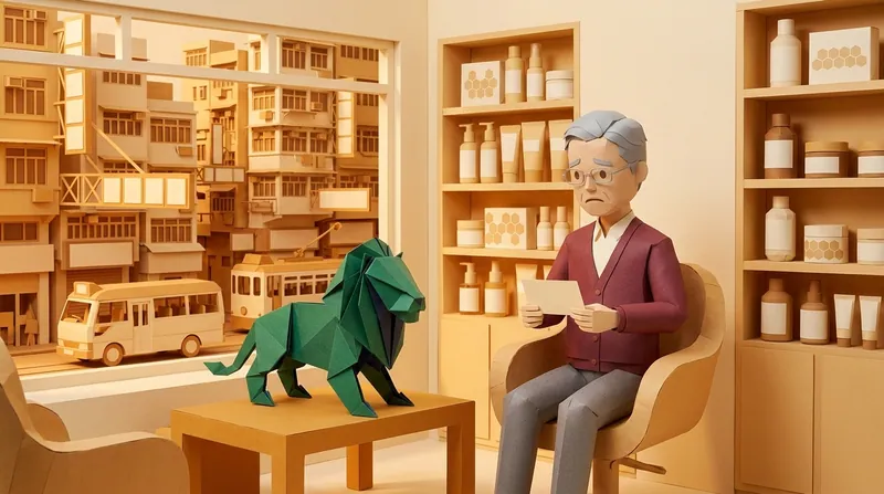 An elderly cardboard figure sits in an armchair in a papercraft cosmetics shop holding a folded letter while a green origami lion stands on a low table beside him
