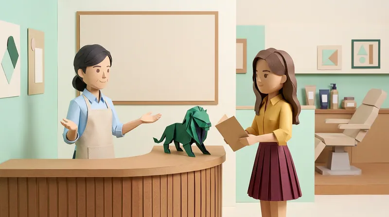 纸板风格插图:美容院老板(char-merchant)企喺木制接待柜台后面摊开双手解释,顾客(charv2-b)企喺对面手持一个打开嘅牛皮纸文件夹,台面企住一只绿色配深蓝内折嘅折纸狮子,背景系薄荷绿墙身嘅疗程室,墙上挂住一块留白告示板。
