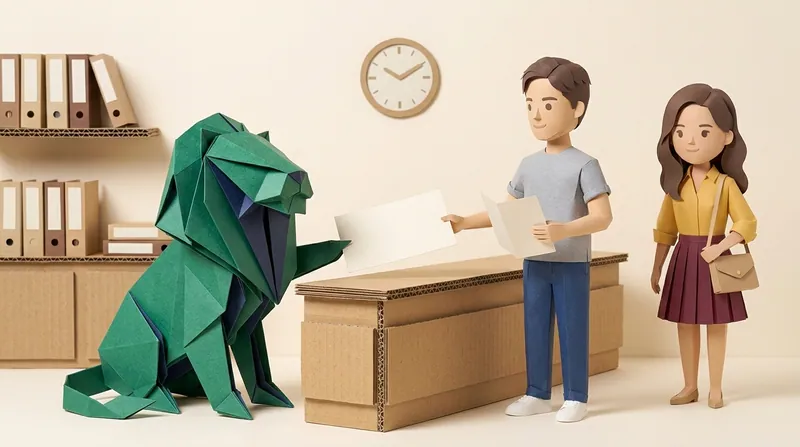 纸雕风格插图：EasyDebt折纸狮子喺登记处柜台递出一张空白申索表格俾男子纸板角色，女子纸板角色企喺佢身边。