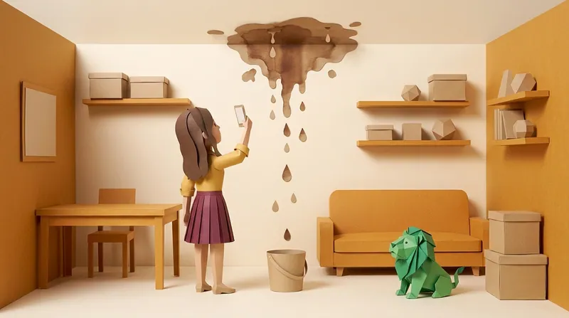 Cardboard-craft illustration: a woman in a yellow blouse (charv2-b) stands in a downstairs Hong Kong flat's living room, holding up her phone to film a large brown water stain actively dripping from the ceiling, a bucket already placed on the floor to catch drips, a green origami lion with navy interior folds seated beside her, also looking up.