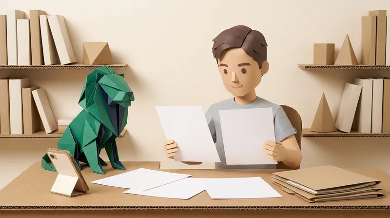 Cardboard-craft illustration: a man in a grey shirt (charv2-a) sits at a home desk comparing two blank quotation sheets side by side with both hands, a phone with a blank screen on the desk, a green origami lion with navy interior folds seated on the corner of the desk, looking at the papers.