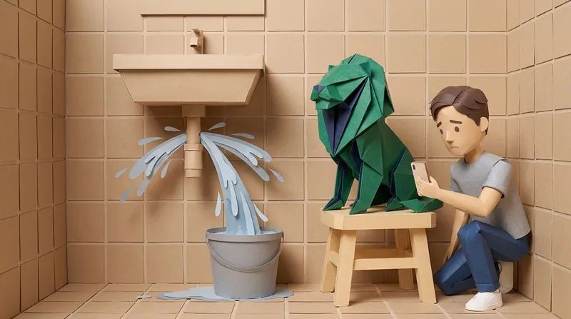 Cardboard-craft illustration: a man in a grey shirt (charv2-a) crouches under a bathroom sink in a Hong Kong home, holding up his phone to film water gushing from a burst pipe joint into a plastic bucket, a green origami lion with navy interior folds seated on all fours on a cardboard stool beside him, watching the water.