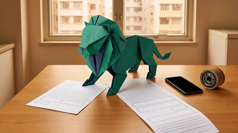Paper-craft lion at a home dining table comparing the short original quotation against the much longer final repair invoice, with a phone and a removed old part kept as evidence