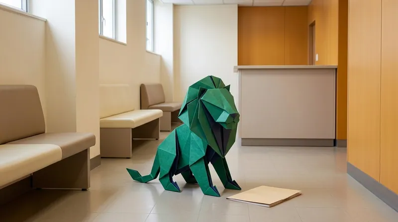 Paper-craft lion seated in the plain waiting corridor of the Small Claims Tribunal with a folder of documents beside it