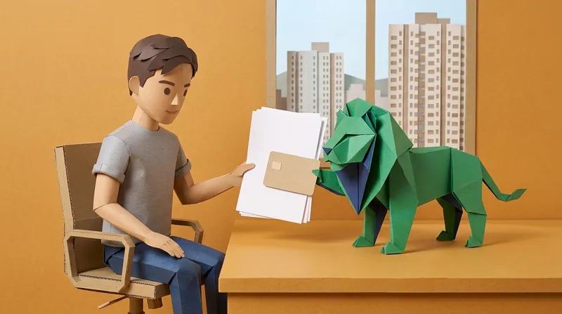 Paper-craft illustration of a young man (charv2-a) at a home desk handing a stack of blank documents and a blank bank card to a green origami lion with navy-blue folds, Hong Kong residential towers visible through the window.