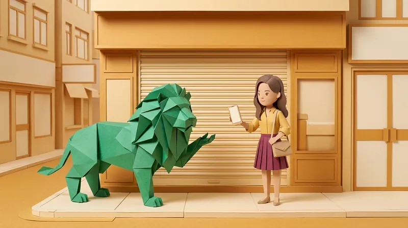 Paper-craft illustration of a young woman (charv2-b) holding up a phone with a blank screen in front of a shopfront with its metal shutter pulled down, a green origami lion with navy-blue folds standing beside her, one paw raised in a shrugging gesture.