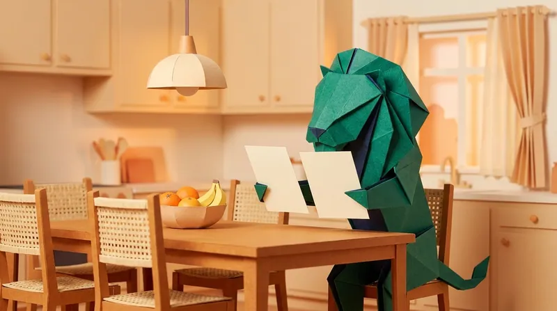 Paper-craft lion at a desk holding up two blank forms side by side, comparing Form 1 and Form 2