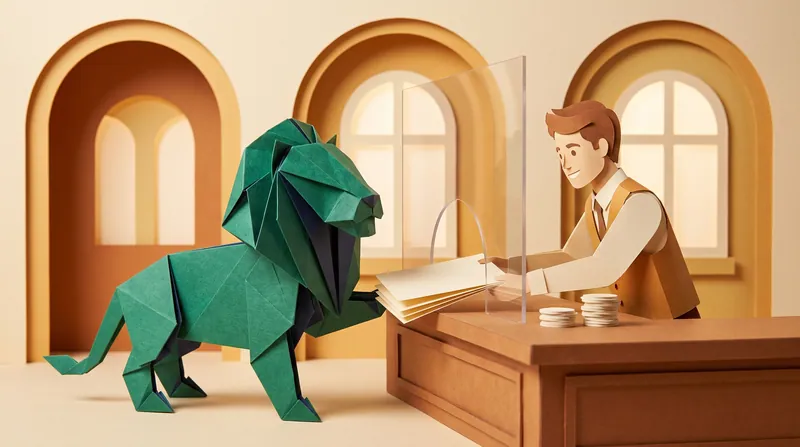 Paper-craft lion handing completed forms directly to a registry officer at the Small Claims Tribunal counter and paying the filing fee