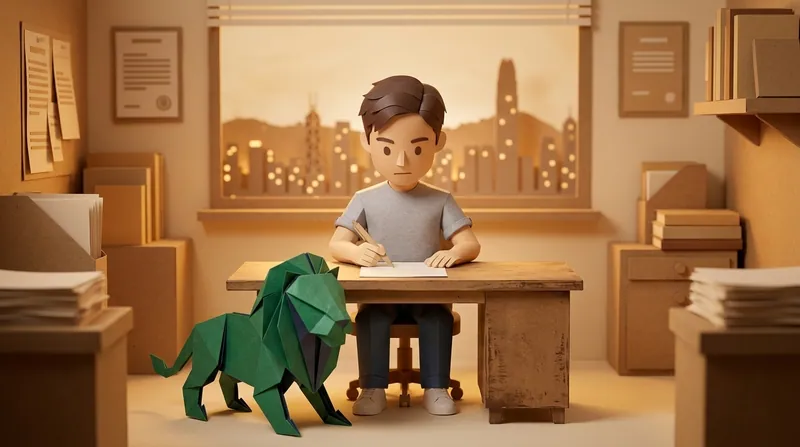Paper-craft lion bent over a desk carefully filling in a Small Claims Tribunal claim form, pen in hand, with a blank form on the desk
