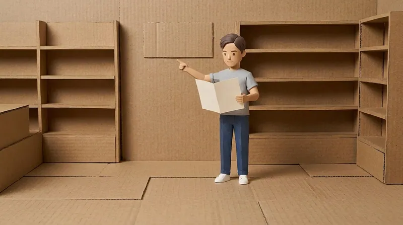 Paper-craft cardboard small-shop owner inside an empty shop opening the lease to its reinstatement clause page, pointing at the signage and partition locations, shelves already cleared