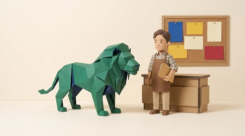 Paper-craft lion at the Small Claims Tribunal registry counter filing Form 1 and Form 2, with a cardboard small-shop owner nearby holding a document folder
