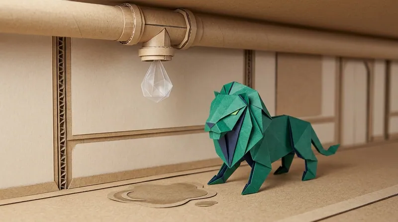 Papercraft close-up of a leaking cardboard ceiling pipe joint in a common-area corridor with a puddle on the floor, and the EasyDebt origami lion walking past nearby on all four legs, a short distance away.