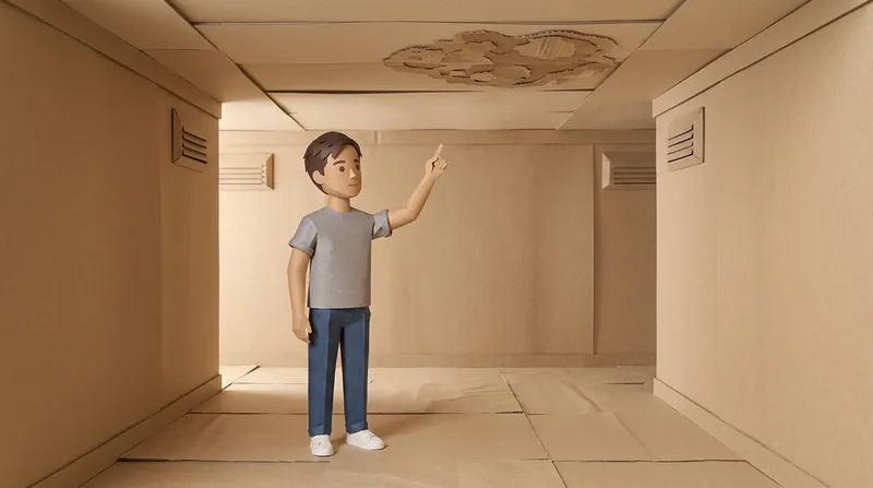 Papercraft illustration, in matte cardboard, of a casual young man character standing in a common-area corridor pointing upward at a stained, water-damaged patch on the ceiling.