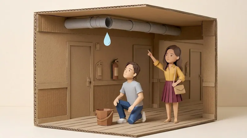 Papercraft illustration, in matte cardboard, of a building common-area corridor with an exposed ceiling pipe dripping a stylized water droplet into a paper bucket, while a casual young man character kneels beside the bucket looking up and a smart-casual woman character stands behind him pointing at the pipe.
