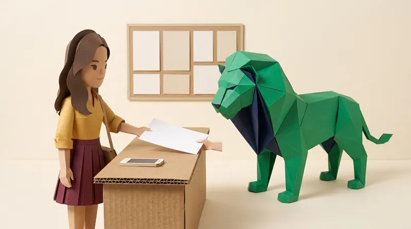 Paper-craft illustration of a woman (charv2-b) at a building management counter handing a blank damage report form to an Owners' Corporation staff member, a phone resting on the counter, a green origami lion with navy-blue folds standing on the other side of the counter looking at the form.