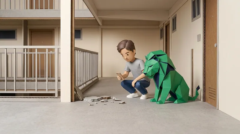 Paper-craft illustration of a man (charv2-a) crouching in an older Hong Kong housing estate's common corridor, inspecting a small pile of fallen concrete debris on the floor with his phone ready to photograph it, a green origami lion with navy-blue folds sitting on its haunches beside him, head lowered toward the same debris.