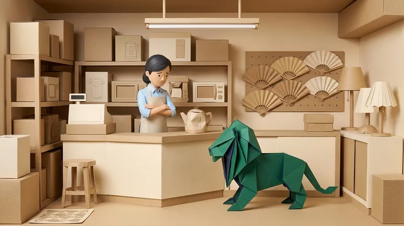 Cardboard-style female shopkeeper in a pale-blue shirt and beige apron, arms crossed behind the counter, a dented beige paper kettle on the counter, a green paper-craft lion standing on all fours on the floor