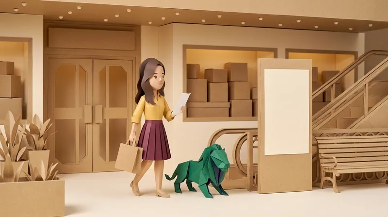 Cardboard-style woman in a yellow top and burgundy pleated skirt, carrying a paper shopping bag in one hand and holding a blank paper note in the other, walking through a mall corridor, a green paper-craft lion walking beside her