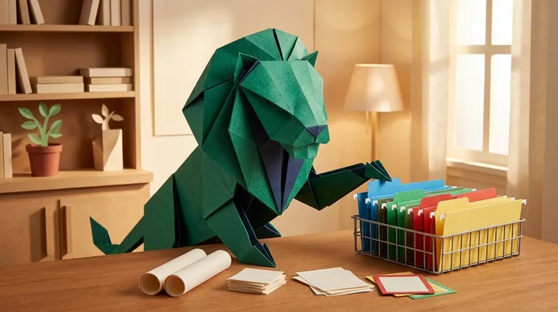 A paper-craft lion at a desk, sorting a renovation contract, payment receipts, screenshots of communication records and site photos into different coloured folders