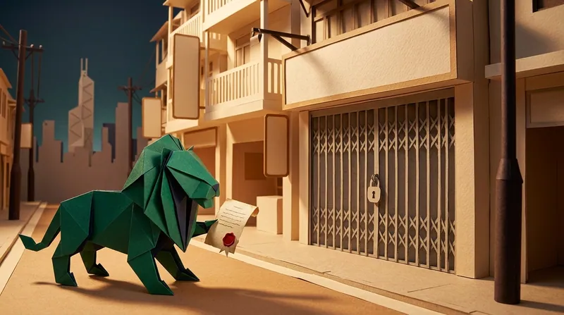 A paper-craft lion holding a writ of seizure, looking across at a renovation shopfront with its shutters pulled down and closed