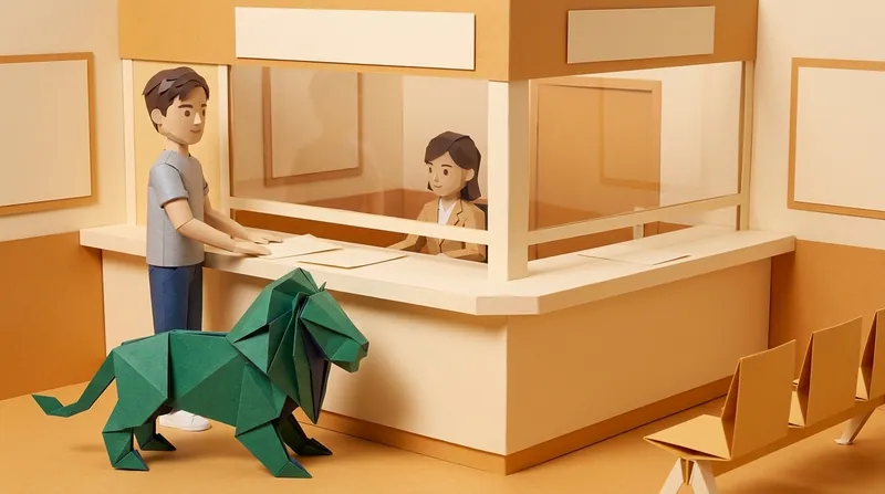 A cardboard-style man at a Hong Kong government office counter handing two documents to a cardboard-style clerk behind the glass screen, paper-craft lion standing on all fours beside him