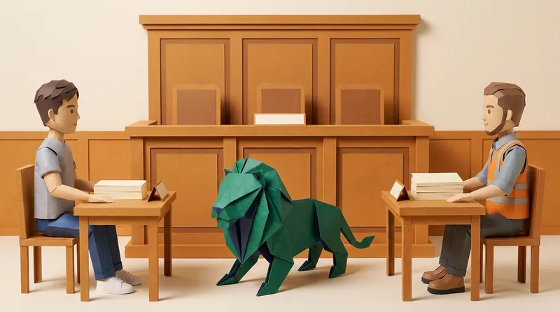 A cardboard-style man and a cardboard-style worker in an orange hi-vis vest seated at separate tables facing each other, a stack of documents on each table and an empty adjudicator's bench behind them, paper-craft lion standing on all fours between them