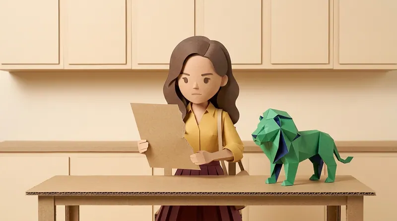 A cardboard-style woman (charv2-b) sitting at a kitchen table, holding a half-torn blank paper provisional agreement with both hands, examining it closely, a green paper-craft lion with navy-blue interior folds sitting on the table looking at the agreement