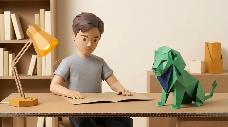 A cardboard-style man (charv2-a) sitting at a home desk, going line by line through a blank paper estate agency agreement spread open in front of him, a green paper-craft lion with navy-blue interior folds sitting on the desk looking at the document