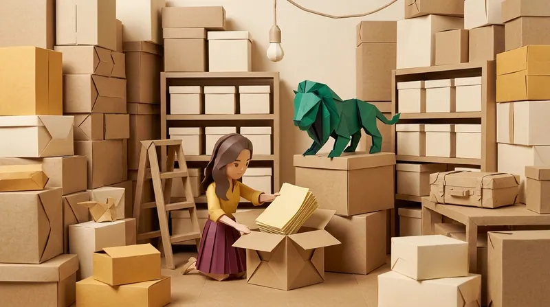A storeroom full of cardboard boxes, a paper-craft woman kneeling and pulling a stack of yellowed blank paper from a box, a green origami lion standing on a nearby box