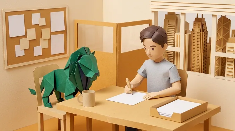 A corner of an office, a paper-craft man holding a pen pressed to a blank sheet of paper, a green origami lion standing on the chair across from him, paper-craft high-rises visible through the window