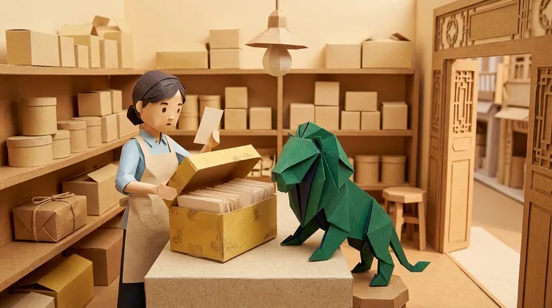 A cardboard-style shopkeeper in an apron opening a yellowed cardboard box in the back room of a small Hong Kong shop, holding up a blank slip of paper, a green origami lion standing on the counter beside them