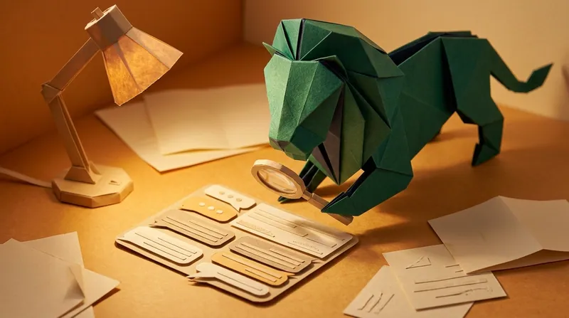 A paper-craft lion holding a magnifying glass over a layered stack of paper-craft message bubbles and a bank transfer slip on a desk