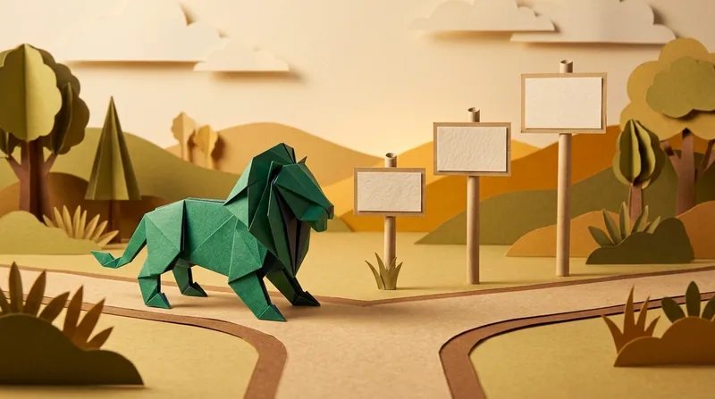 A paper-craft lion standing at a fork in the road, facing three signposts of increasing height representing the Small Claims Tribunal, District Court and High Court