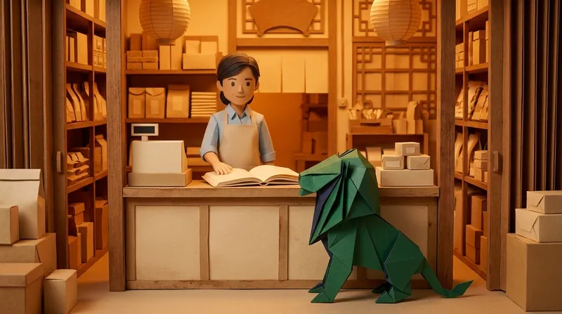 Paper-craft lion beside a small Hong Kong shop counter as the cardboard merchant character looks over an open ledger