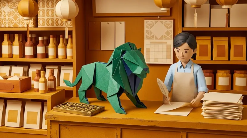 A cardboard-style shopkeeper character holding a feather quill, writing on blank cardstock, a wooden abacus beside her, the EasyDebt origami lion standing on the counter watching her, shelves of blank-labelled bottled goods and a few paper lanterns in the background.