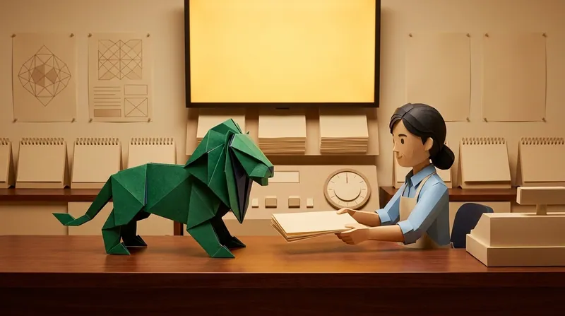 A cardboard-style shopkeeper character handing a stack of blank cardstock receipts across a wooden counter to the EasyDebt origami lion, a large blank lit yellow panel and two purely geometric wall decals behind her, shelves stacked with blank spiral-bound notepads on either side.