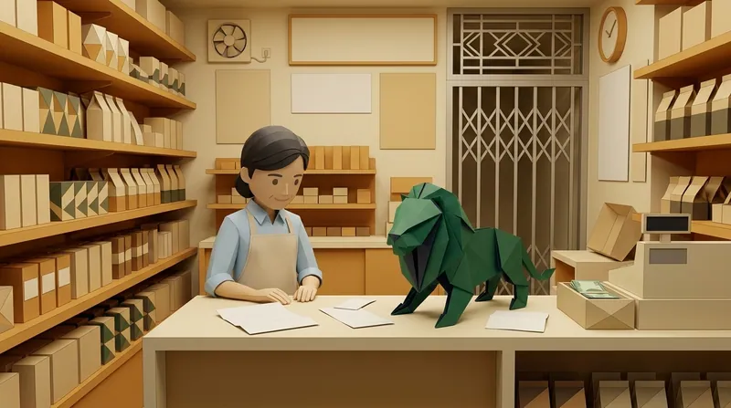 A cardboard-style shopkeeper character (char-merchant) standing behind a wooden counter reading blank documents, a stack of blank envelopes and paper on the counter, a green origami lion with navy inner folds standing on the counter beside her, a Hong Kong shopfront security grille and a plain-faced wall clock visible behind, a cardboard cash box holding blank paper banknotes beside a cash register on the right.