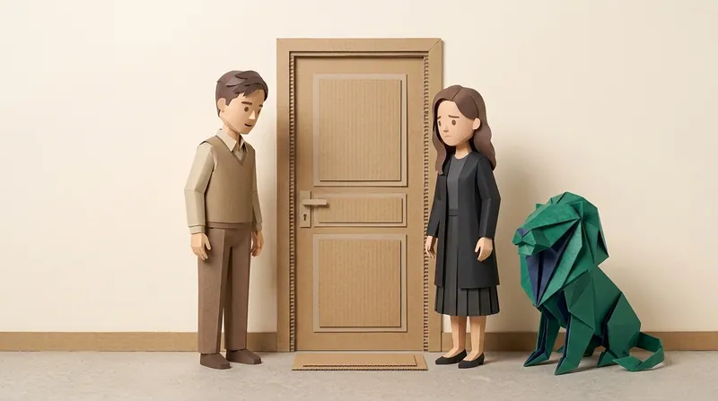 Cardboard-craft illustration: a landlord standing outside a residential unit door, speaking quietly with a grieving family member, both calm and measured, a green origami cardboard lion with navy-blue interior folds sitting quietly by the door, gentle solemn mood.