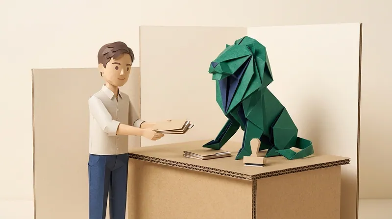 Cardboard-craft illustration: a landlord at a Small Claims Tribunal registration counter, handing a folder of documents to a green origami cardboard lion with navy-blue interior folds seated at the counter in a clerk role, professional and solemn setting.
