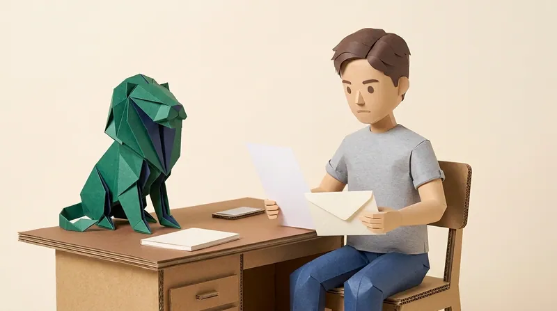 Cardboard-craft illustration: a landlord sitting at a home desk, calm but serious, reviewing a tenancy document and an official letter, a phone and notebook nearby, a green origami cardboard lion with navy-blue interior folds seated quietly beside the documents, soft warm daylight, solemn mood.
